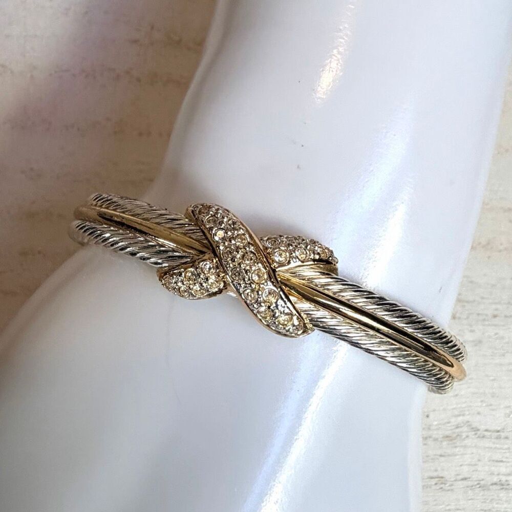 Two Tone Cable Cuff Bracelet Gold Silver Crystal X Knot
